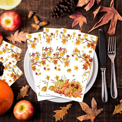 40PCS Fall Paper Napkins Decorations Thanksgiving Guest Napkins with Autumn Leaf, Pumpkin Luncheon & Sunflower Designs Decorative Papers Napkin for Autumn Thanksgiving Party Supplies, 4.3x7.9 Inch in Saudi Arabia