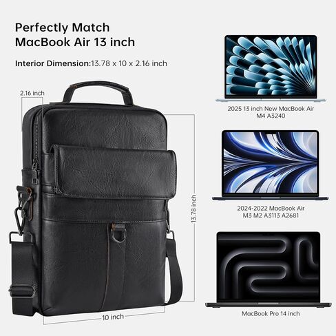 13 Inch Laptop Leather Sleeve for 2025-2022 MacBook Air 13 M4 M3 M2 A3240 A3113 A2681, Protective Carrying Bag Shoulder Travel Case with Handle Accessory Pockets, Black in Saudi Arabia