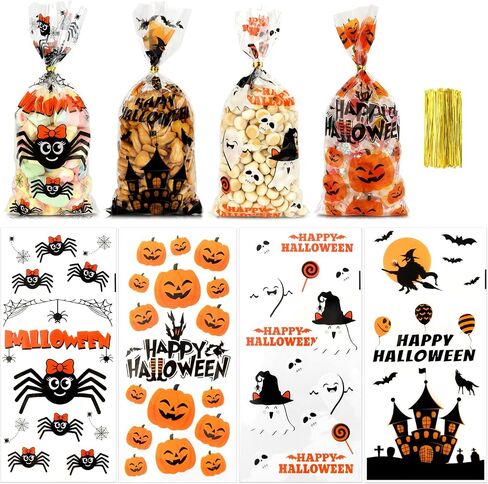 Halloween Treat Bags, Halloween Cellophane Treat Bags, 60 PCS Halloweens Candy Bag, Plastic Halloweens Spider Pumpkin Cookie Goodie Gift Bag with Twist Ties for Trick or Treat Party Favors Supplies in Kuwait