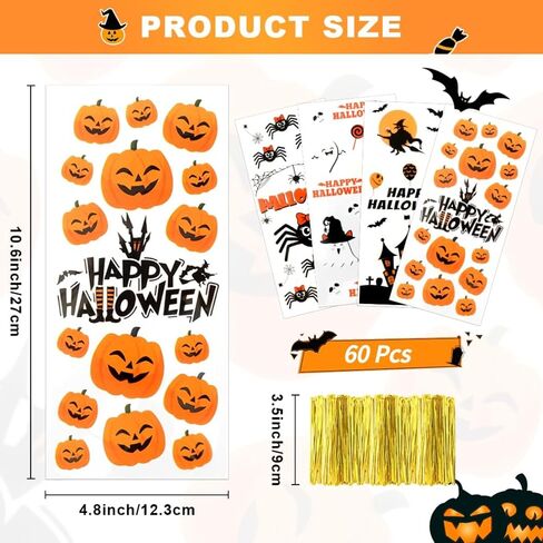 Halloween Treat Bags, Halloween Cellophane Treat Bags, 60 PCS Halloweens Candy Bag, Plastic Halloweens Spider Pumpkin Cookie Goodie Gift Bag with Twist Ties for Trick or Treat Party Favors Supplies in Kuwait