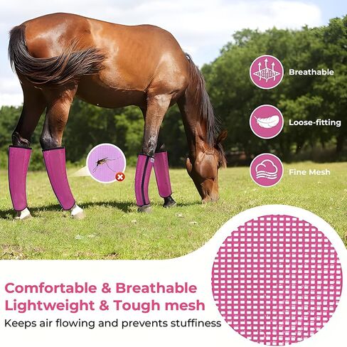 Mesh Horse Fly Boots Set of 4，Adjustable and Universal Loose Fitting & Non-Slip Horse Fly Leggings for Horses,Reduce Stressful Stomping (Pink) in Kuwait