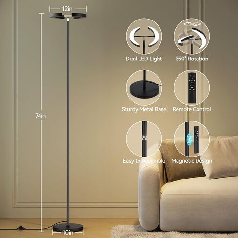 مصابيح أرضية من Sunmory لغرفة المعيشة ، مصباح أرضي LED ساطع 28 واط مع مصابيح قابلة للدوران والتحكم عن بعد ، مصباح طويل القامة مع مصباح زاوية قابلة للوقوع قابلة للتطبيق لغرفة النوم ، المكتب in Kuwait
