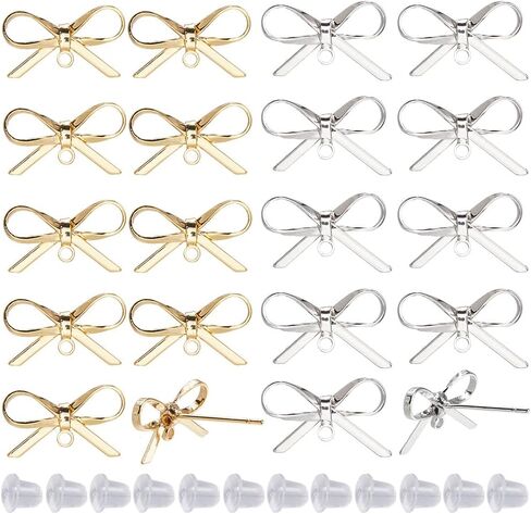 Sunnyclue 1 Box 50pcs REAL 18K Gold Plated + Platinum Platinum Plated Powknot Posts with Loop 20pcs ear Buds with 30pcs blastic ear duts rering studs for jewerry make accessories diy crafts in Saudi Arabia