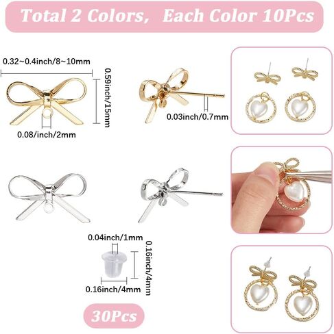 Sunnyclue 1 Box 50pcs REAL 18K Gold Plated + Platinum Platinum Plated Powknot Posts with Loop 20pcs ear Buds with 30pcs blastic ear duts rering studs for jewerry make accessories diy crafts in Saudi Arabia
