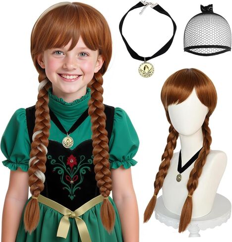 ANOGOL Wig Cap+ Brown Wig for Princess Long Braided Wig with Bangs Straight Cosplay Wig for Kids Women Girls Party Halloween Costume Wig in Kuwait