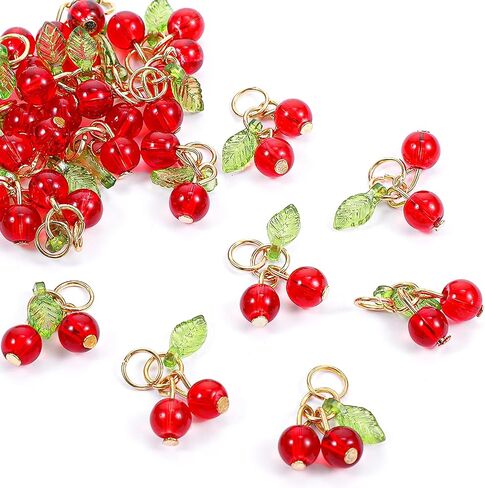 30 Pcs Red Cherry Charms 3D Glass Cherry Charms for Jewelry Making Bulk Kawaii Fruit Beads Pendants for Earrings Necklace Bracelet Anklet DIY Craft in Saudi Arabia
