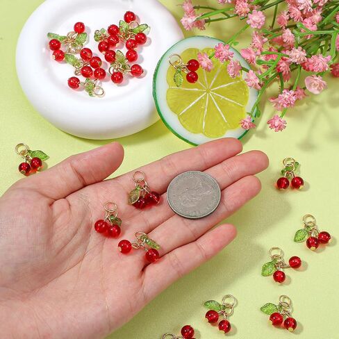 30 Pcs Red Cherry Charms 3D Glass Cherry Charms for Jewelry Making Bulk Kawaii Fruit Beads Pendants for Earrings Necklace Bracelet Anklet DIY Craft in Saudi Arabia
