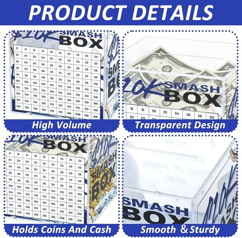 10K Smash Box Money Saving Challenge Unbreakable Piggy Bank for Adults Save $10,000 Money Saving Challenge Box, Clear Acrylic Saver Box for Cash Must Break to Open in Saudi Arabia