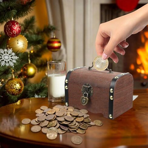 NUOBESTY Piggy Bank, 14.5x10cm Vintage Wooden Treasure Chest with Lock Money Saving Box Small Treasure Storage Box for Coin, Jewelry Storage, Home Decor, Party Favors in Saudi Arabia
