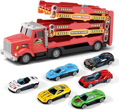 Toddler Truck Track Set with Lights & Sounds – 55-Inch Racing Track with 6 Die-Cast Cars, Perfect Birthday for 3 4 5 6 7 Years Old Boys and Girls in Kuwait