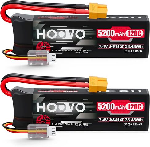 بطارية هووفو 2S Lipo ، 7.4v 5200mAh 120c RC حزمة البطارية ، وضعية ناعمة مع سدادة XT60 ل RC CAR Truck Truck Airplane Boat RC ، 2Packs in Saudi Arabia