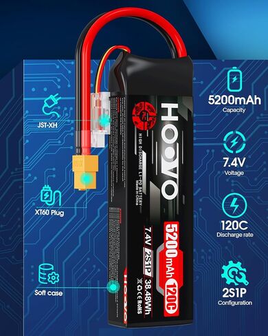 بطارية هووفو 2S Lipo ، 7.4v 5200mAh 120c RC حزمة البطارية ، وضعية ناعمة مع سدادة XT60 ل RC CAR Truck Truck Airplane Boat RC ، 2Packs in Saudi Arabia
