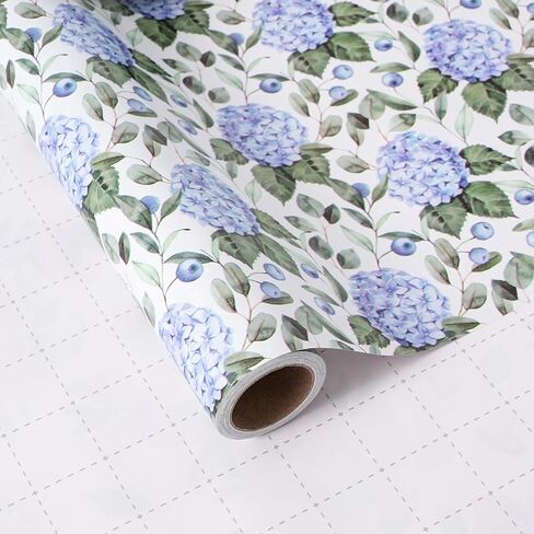 ZINTBIAL Hydrangea Floral Wrapping Paper Roll - Blue Watercolor Floral Design, 17 Inches x 16.5 Feet, Gift Wrap for Wedding, Bridal Shower, Birthday, Mother's Day, Cut Lines on Back in Kuwait