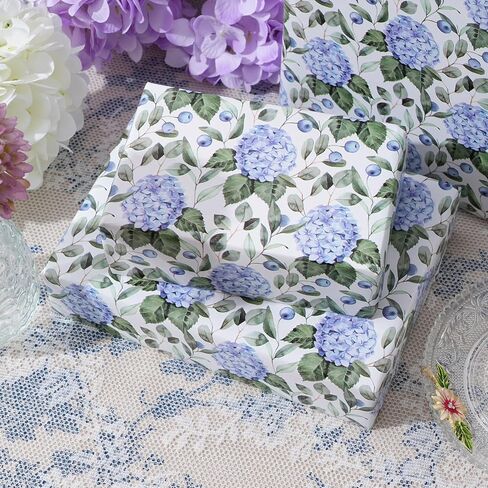 ZINTBIAL Hydrangea Floral Wrapping Paper Roll - Blue Watercolor Floral Design, 17 Inches x 16.5 Feet, Gift Wrap for Wedding, Bridal Shower, Birthday, Mother's Day, Cut Lines on Back in Kuwait