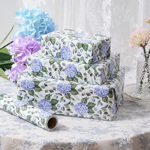 ZINTBIAL Hydrangea Floral Wrapping Paper Roll - Blue Watercolor Floral Design, 17 Inches x 16.5 Feet, Gift Wrap for Wedding, Bridal Shower, Birthday, Mother's Day, Cut Lines on Back in Kuwait