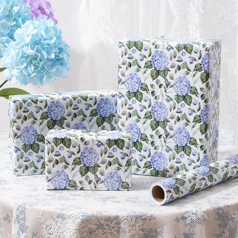 ZINTBIAL Hydrangea Floral Wrapping Paper Roll - Blue Watercolor Floral Design, 17 Inches x 16.5 Feet, Gift Wrap for Wedding, Bridal Shower, Birthday, Mother's Day, Cut Lines on Back in Kuwait