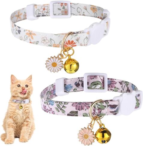 2 حزمة القطن المنفصلة طوقا طوق حيوان أليف لطيف مع جرس زهرة قلادة قلادة هريرة الأزهار الياقات المزخرفة قابلة للتعديل 7-11 بوصة مناسبة للفتاة الفتاة القطط الذكور القطط in Kuwait