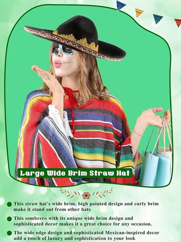 2 Pack Mexican Sombrero Hat Black شعرت قبعة Sombrero كبيرة للمراهقين الأطفال الحفلات المكسيكية ملحقات إكسسوارات in Saudi Arabia