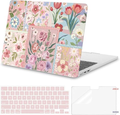 MOSISO Compatible with MacBook Air 13 inch Case 2025 2024 2023 2022 M4 A3240 M3 A3113 M2 A2681, Spliced Flowers Plastic Hard Shell&Keyboard Cover&Screen Film for MacBook Air 13.6 inch Case, Pink in Saudi Arabia