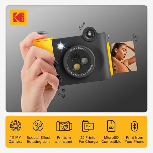 كاميرا KODAK Smile+ اللاسلكية للطباعة الفورية الرقمية مع عدسة متغيرة التأثير، ومطبوعات صور لاصقة مقاس 2x3 بوصة، وتقنية طباعة Zink، متوافقة مع أجهزة iOS وAndroid - أسود in Kuwait