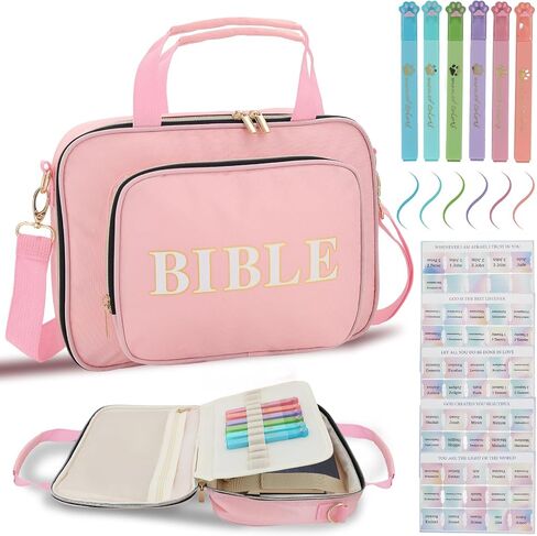 Bible Cover Case for Women & Girls, Large Pink Organizer Bag with Shoulder Strap & Handle, Ideal Christian Gift for Church in Saudi Arabia