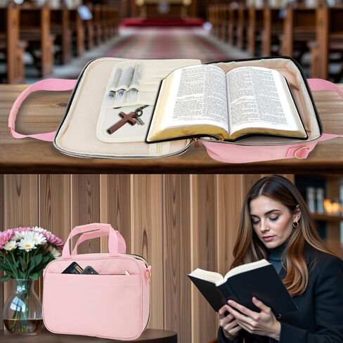 Bible Cover Case for Women & Girls, Large Pink Organizer Bag with Shoulder Strap & Handle, Ideal Christian Gift for Church in Saudi Arabia