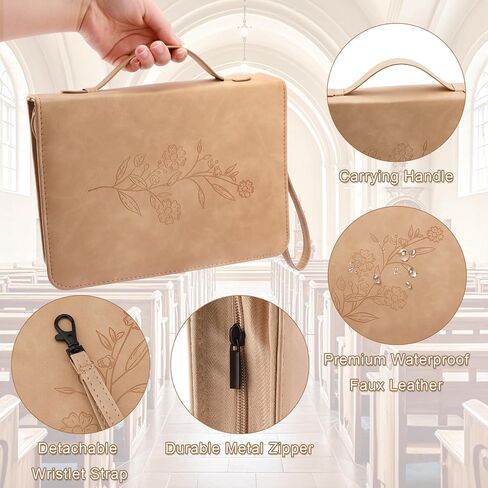 Bible Cover Case,Premium Bible Case,Leather Bible Cover with Handles and Detachable Wristband,Large Bag for Bible Study,Communion,Minimalist Floral Design,Gifts for Women Men in Saudi Arabia