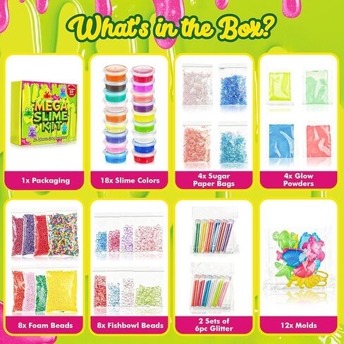 مجموعة SPIME للفتيات الذين تتراوح أعمارهم بين 8-12 - حزمة 66pc ، و 18 لونًا ، ومجموعة Mega Slime Making - مجموعة من السهل التنظيف - مجموعة حرفية ممتعة ، وتوهج في الظلام والخرز - نشاط آمن وسهل للأطفال الذين تتراوح أعمارهم بين 5 سنوات in Kuwait