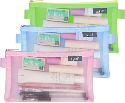 Toplive 4pcs Pencil Case Set, Bulk Clear Exam Pencil Pouch, Nylon Clear Pouches with Zipper, Makeup Bag for Women, Portable Office School Stationery Storage Pouch for Students, Black Grey Pink Blue in Saudi Arabia