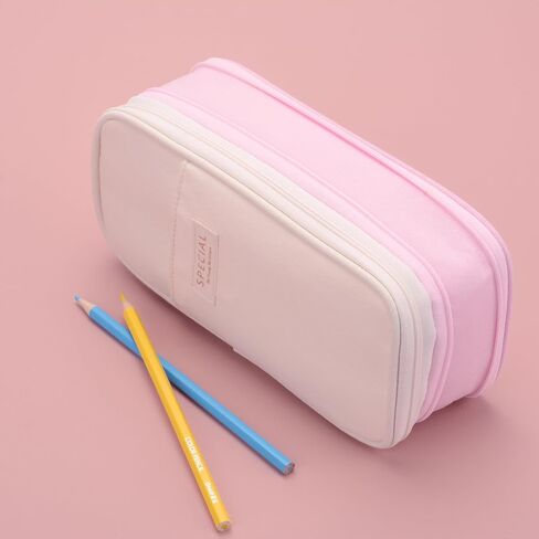 سعة كبيرة كبيرة خاصة لطيفة جمالية preppy canvas قلم القلم القلم رصاص حقيبة حقيبة الحقائب مع مقصورات سستة ، وقلم القلم للبالغين من مدرسة البنات (البيج/الوردي) in Kuwait