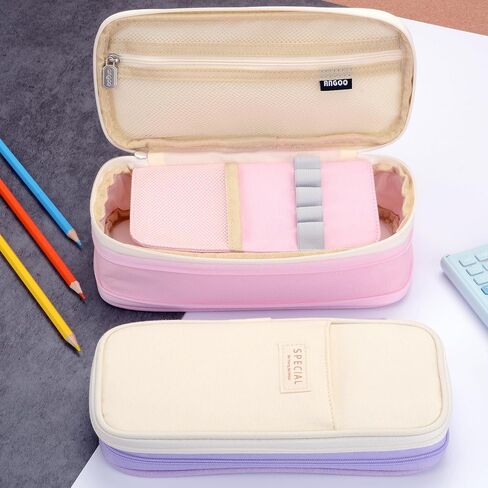 سعة كبيرة كبيرة خاصة لطيفة جمالية preppy canvas قلم القلم القلم رصاص حقيبة حقيبة الحقائب مع مقصورات سستة ، وقلم القلم للبالغين من مدرسة البنات (البيج/الوردي) in Kuwait