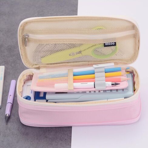سعة كبيرة كبيرة خاصة لطيفة جمالية preppy canvas قلم القلم القلم رصاص حقيبة حقيبة الحقائب مع مقصورات سستة ، وقلم القلم للبالغين من مدرسة البنات (البيج/الوردي) in Kuwait