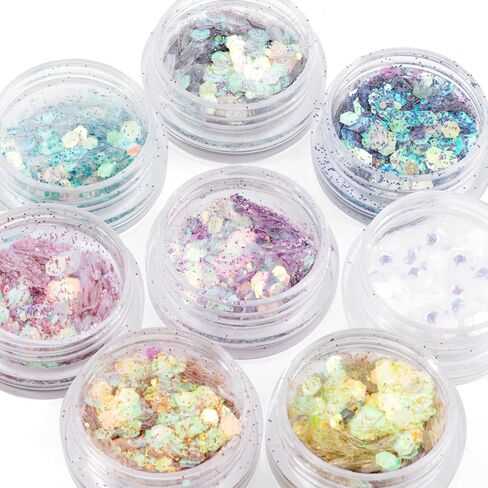 8 Jar Chunky Glitter, Magic Nail Glitter for Nail Art, Holographic Fine Glitter, Face Glitter for Women, Crafts, Makeup, Festival, Party (8 Styles) in Saudi Arabia