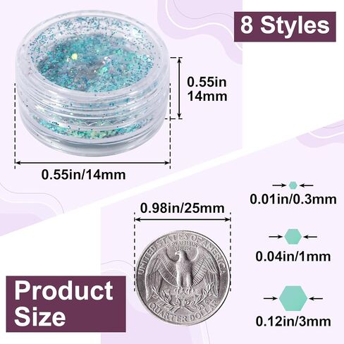 8 Jar Chunky Glitter, Magic Nail Glitter for Nail Art, Holographic Fine Glitter, Face Glitter for Women, Crafts, Makeup, Festival, Party (8 Styles) in Saudi Arabia