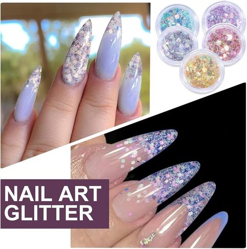 8 Jar Chunky Glitter, Magic Nail Glitter for Nail Art, Holographic Fine Glitter, Face Glitter for Women, Crafts, Makeup, Festival, Party (8 Styles) in Saudi Arabia