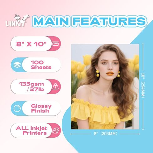 uinkit 37lb ورقة نشرة رقيقة لامعة 8x10 inkjet 100 أوراق Single Single DIY Chip Bag 135gsm صور لطابعة نفايات الحبر مع كتيب حبر الصبغة (8x10x100) in Kuwait