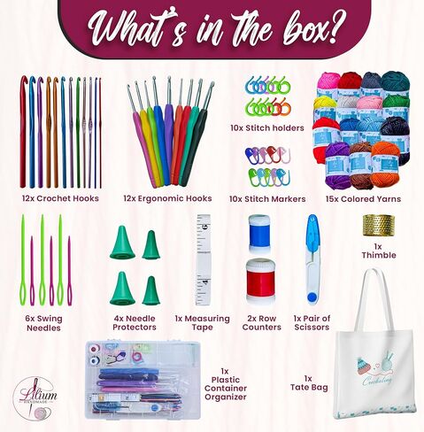 Starter Crochet Kit for Beginners Adults- Complete Knitting Kit for Beginners with 15 Colorful Yarn Skeins, Crochet Hooks, Tote Bag, Supplies Organizer & More- All in One Crochet Accessories Kit in Saudi Arabia