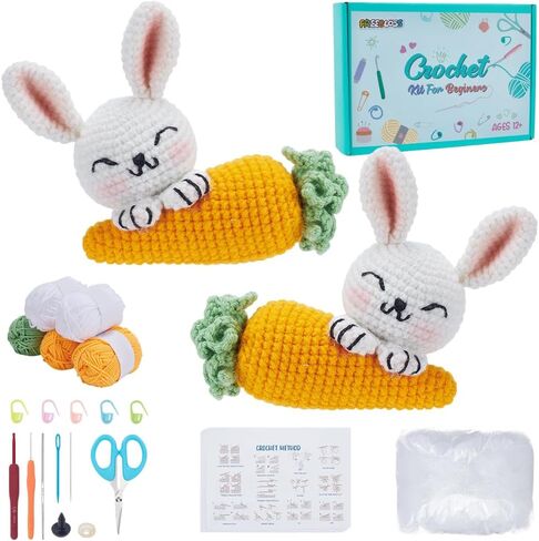 FreeBloss 2 مجموعة الكروشيه Kit Crochet Rabbit & Carrot Crochet Animals Kit للمبتدئين مع دروس الفيديو التعليمية الكروشيه طقم خيوط الكروشيه والخطاف للمبتدئين مجموعة الحياكة لهدية عيد الفصح in Saudi Arabia