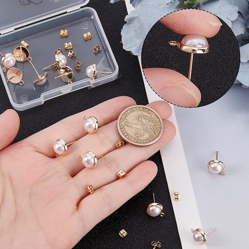 Beebeecraft 20Pcs/Box 18K Gold Plated Earring Findings with Plastic Pearl Half Round Earring with Loop & Sterling Silver Pins & Butterfly Earring Backs for DIY Earring Making in Saudi Arabia