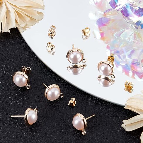 Beebeecraft 20Pcs/Box 18K Gold Plated Earring Findings with Plastic Pearl Half Round Earring with Loop & Sterling Silver Pins & Butterfly Earring Backs for DIY Earring Making in Saudi Arabia