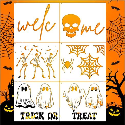 Halloween Stencils for Door Mats Reusable Large Welcome Ghost Skeleton Stencil Spider Web Spooky Trick or Treat Templates for Doormat Wood Crafts Painting (6 Door Mats) in Saudi Arabia