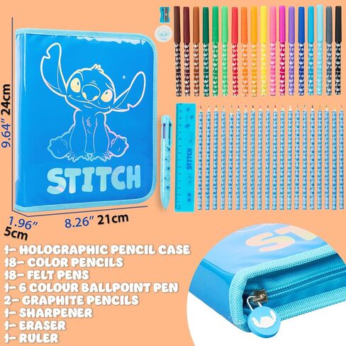 Disney Stitch Pencil Case for Girls Kids Tweens Colored Pencors Markers Pen Eraser Rudies Frozen School Setcles Higds For Girls (Blue Stitch 2 Compartment) in Saudi Arabia