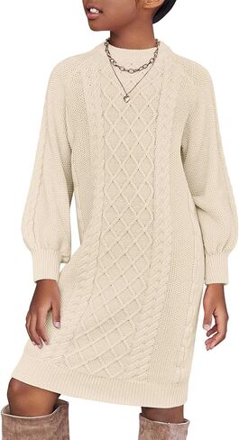 Arshiner Girl's Sweater Dress Puff Long Sleeve Casual Cable Knit Pullover Fall Dresses for 6-12 Years in Kuwait