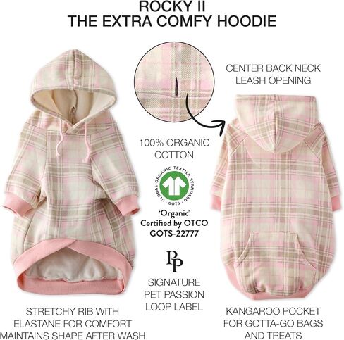 Rocky II - The Extra Comfy Hoodie, Organic Cotton and Recycled Poly Dog Hoodie Pet Coat Sweater for Small, Medium, Large Dogs​​, Pink Chesterfield Plaid, X-Small in Saudi Arabia