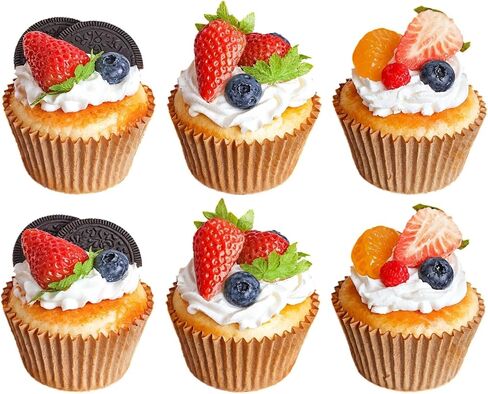 Artificial Cupcake Display Model, Realistic PU Faux Cupcakes, Includes 6 Pieces with Fruit and Cream Decoration, Brown Wrinkled Cupcake Liners, Ideal for Photography, Art, and Home Decoration in Saudi Arabia