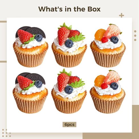 Artificial Cupcake Display Model, Realistic PU Faux Cupcakes, Includes 6 Pieces with Fruit and Cream Decoration, Brown Wrinkled Cupcake Liners, Ideal for Photography, Art, and Home Decoration in Saudi Arabia