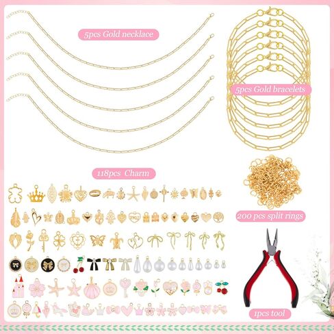 Quelay 328 Pcs Coquette Vintage Charm Necklace Making Kit Bulk for Women DIY with 118 Charms 200 Jump Rings 5 Necklaces 5 Bracelets Tools Accessories for Gift Beginner Arts and Craft Christmas in Saudi Arabia