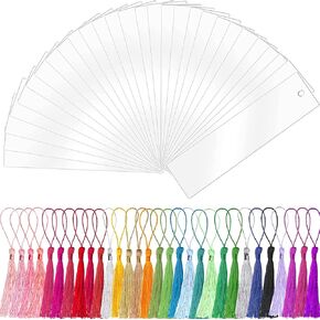 Acrylic Blank Bookmark, BetterJonny 30Pcs Clear Craft Book Markers with 36Pcs Colorful Tassels and 30Pcs Ropes Unfinished Transparent Rectangle Tags for DIY Projects and Present in Kuwait