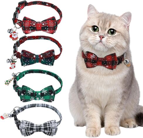 4pcs Christmas Cat Planars مع ربطة عنق وجرس ، وأنماط قابلة للعبّة قابلة للعبّار ، طوق ندفة الثلج للقطط البالغة Kitty Chinten ، مستلزمات الحيوانات الأليفة لعيد الميلاد in Kuwait