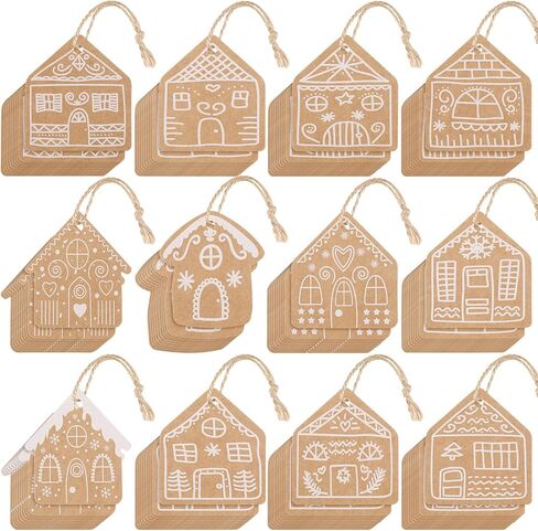 120 Pcs Christmas Gingerbread House Gift Tags Gingerbread House Christmas Tree Hanging Ornaments Brown Kraft Paper Labels with Hemp Rope for Xmas DIY Present Wrapping Holiday Decorations in Saudi Arabia